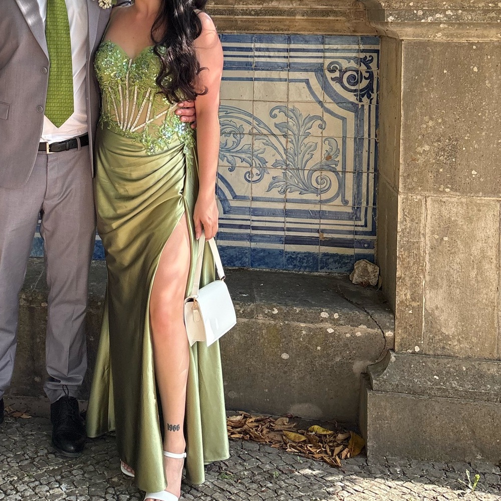 Olive Green Prom Evening Gown Beaded Corset Satin Dress Side Slit